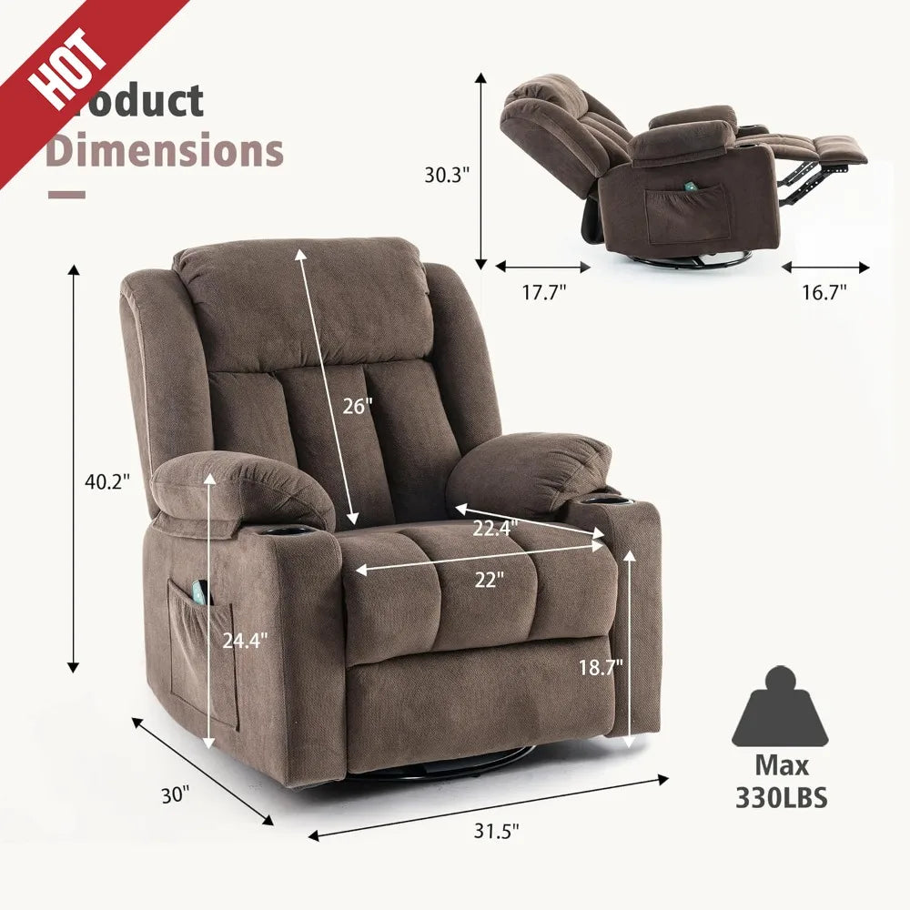 Swivel Recliner Chair with Massage Heat, Rocking Glider, Overstuffed Fabric Living Room Sofa