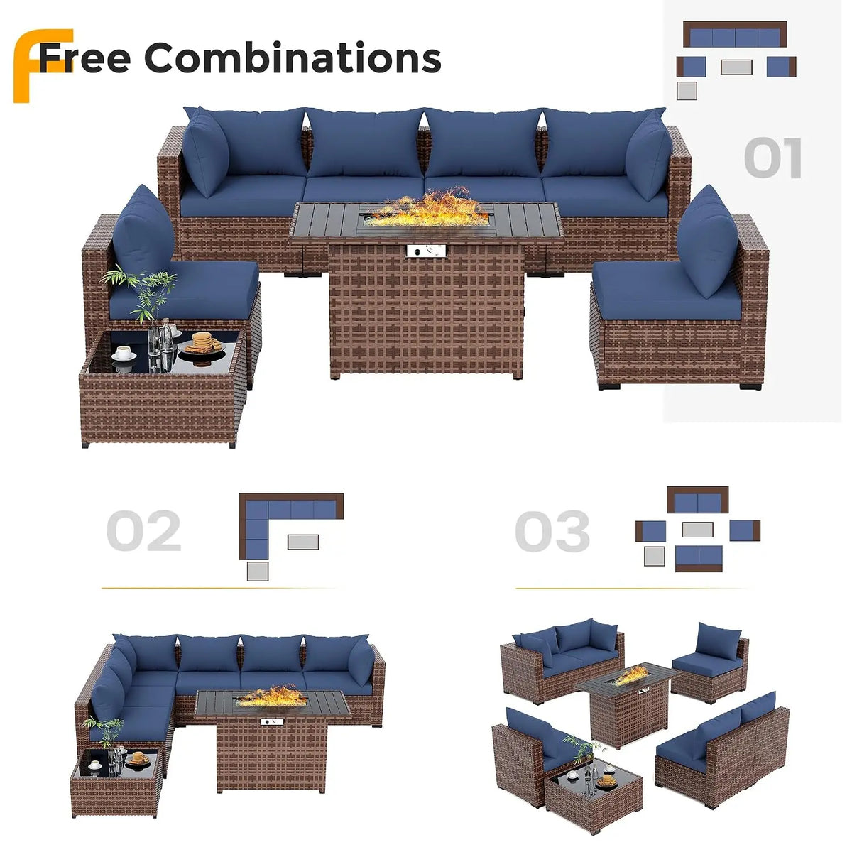 8-Piece Wicker Patio Furniture Set with 44" Fire Pit Table for Outdoor Garden, Custom