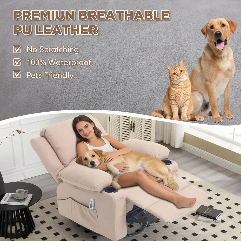 Leather Swivel Rocker Recliner with Heat Massage and Cup Holders, Plush Rocking Glider Chair with Heated Massaging Recline, Beig