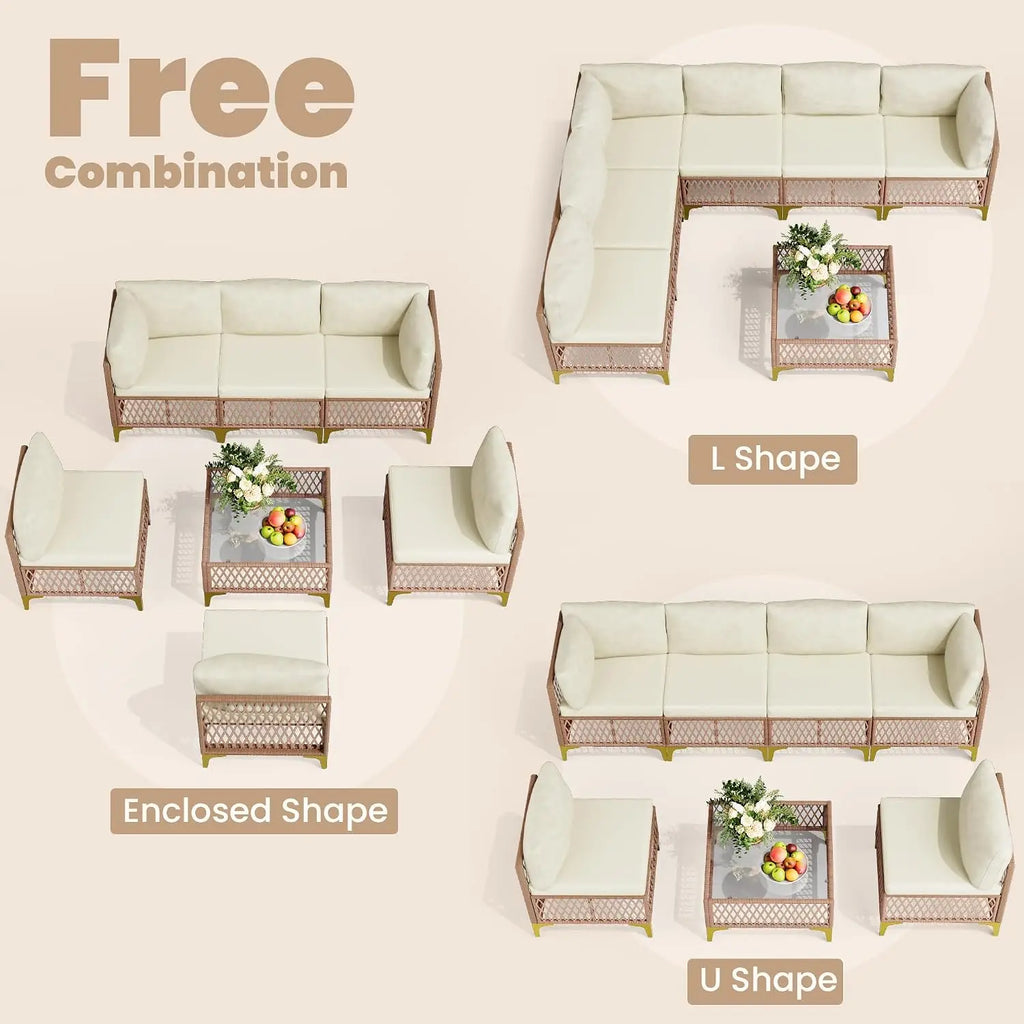 7-Piece Wicker Outdoor Sectional Sofa Patio Set with Washable Cushions & Glass Table, All-Weather for Backyard & Porch, Custom