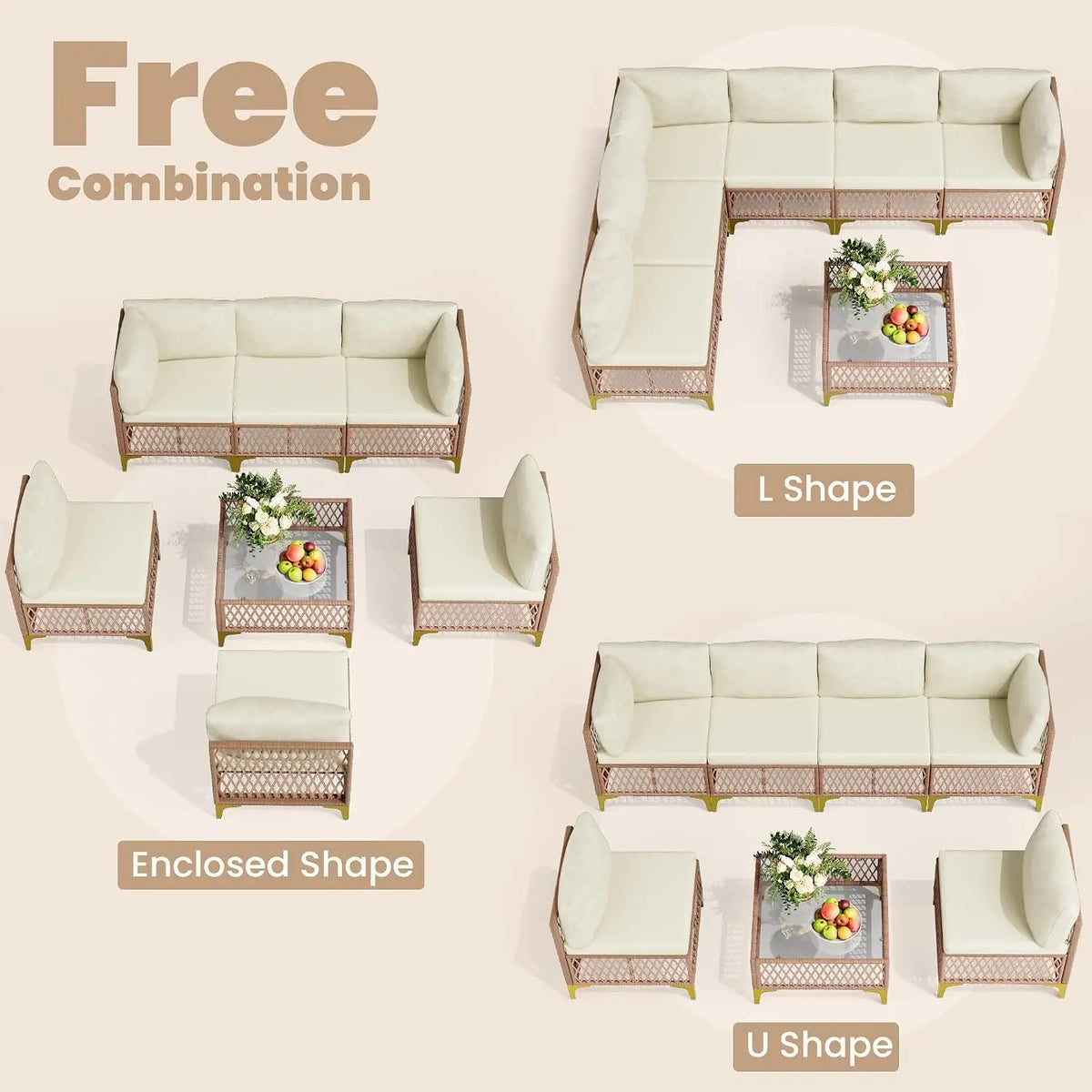 7-Piece Wicker Outdoor Sectional Sofa Patio Set with Washable Cushions & Glass Table, All-Weather for Backyard & Porch, Custom