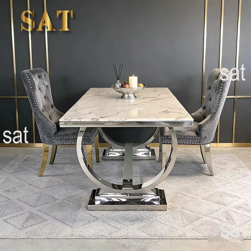 # Factory Wholesale Solid Marble Dining Table with Silver Circle Decorations