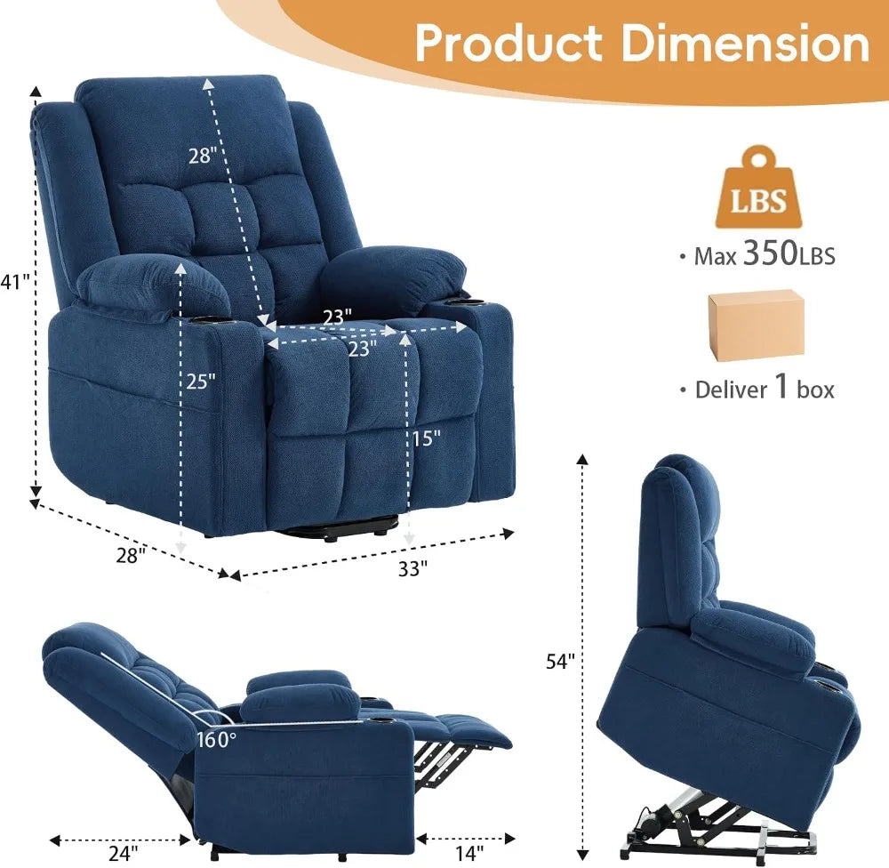 Power Lift Recliner Chair Elderly Massage Heat Fabric Electric Sofa Side Pocket Cup Holders Living Room Navy