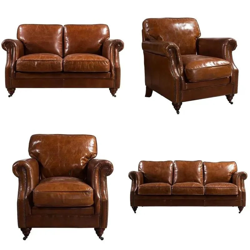 Retro Leather Double Sofa with Armrests