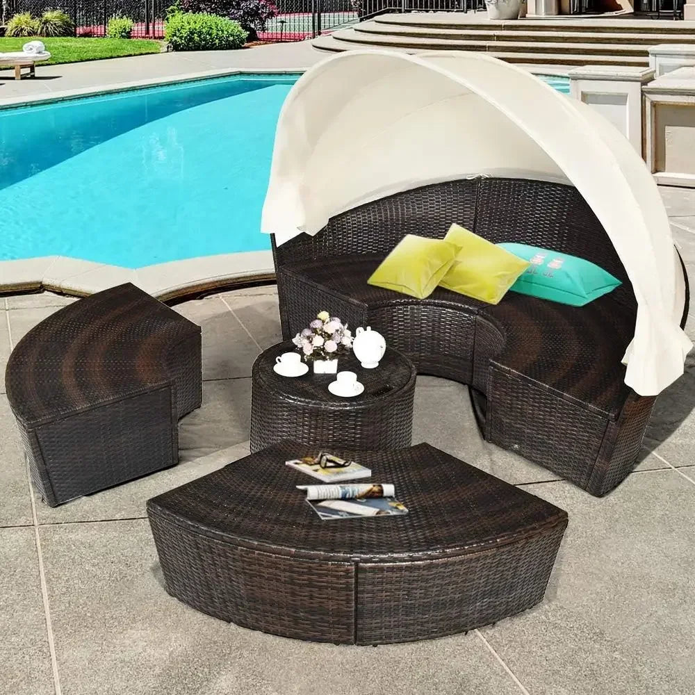 Patio Round Daybed with Retractable , Outdoor Wicker Rattan urniture Sets, Sectional Soa Set w/Height Adjustable Coee Table, Rat
