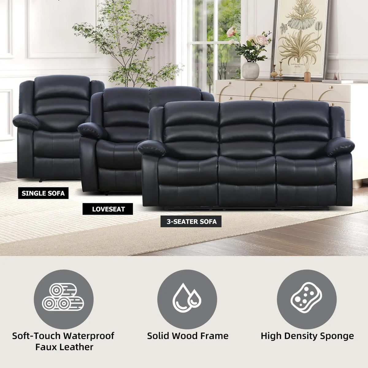 (Local US Inventory)Manual Recliner Chair Faux Leather Recliner with Overstuffed Arms and Back Classic Single a for Living Room