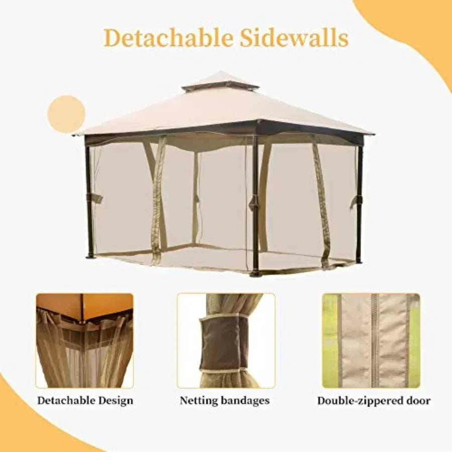 Domi 10' x 13' Outdoor  with Mosquito Netting Double Roof t Top Gazebo Pergola Metal Fe Patio Shelter for Deck Backyard Garden