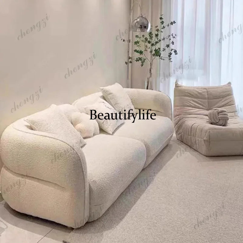 Y136 Nordic cream fabric sofa curved living room small apartment minimalist lamb wool three-person straight sofa