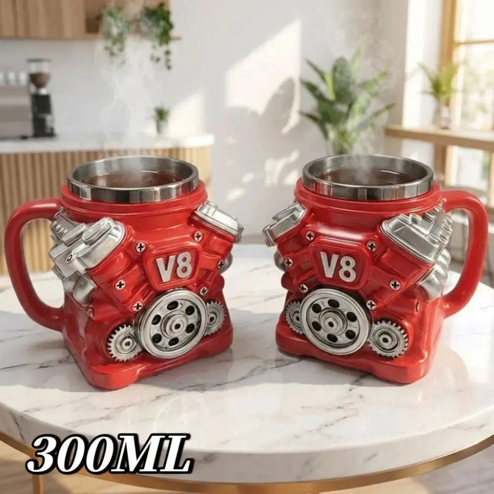 Retro Engine Coffee Mug with Handle 300ML 15oz V6 Engines Stainless Steel Cup Realistic Design Double Wall Insulation Car Mug