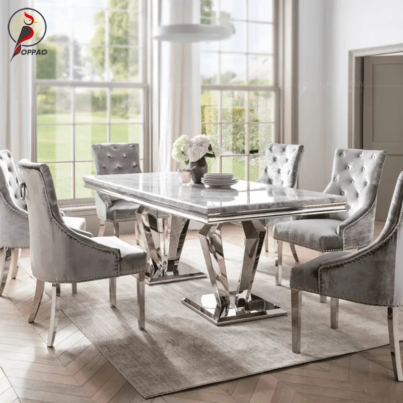 y8- High-End Stainless Steel Marble Round Dining Table and Chair Set for Home Post-Modern Minimalist