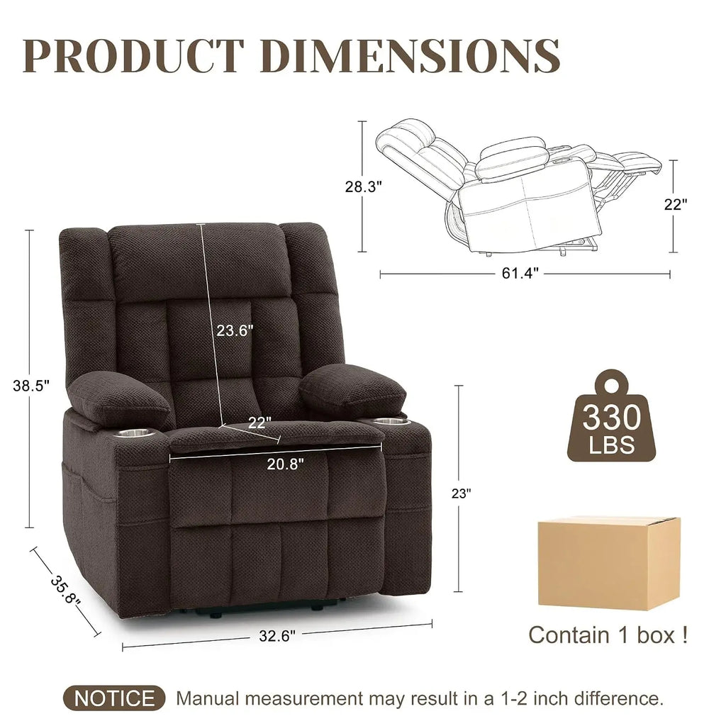 Power Lift Recliner with Massage & Heat, Electric Chair with Cup Holders & Pockets for Living Room, Brown, Customized