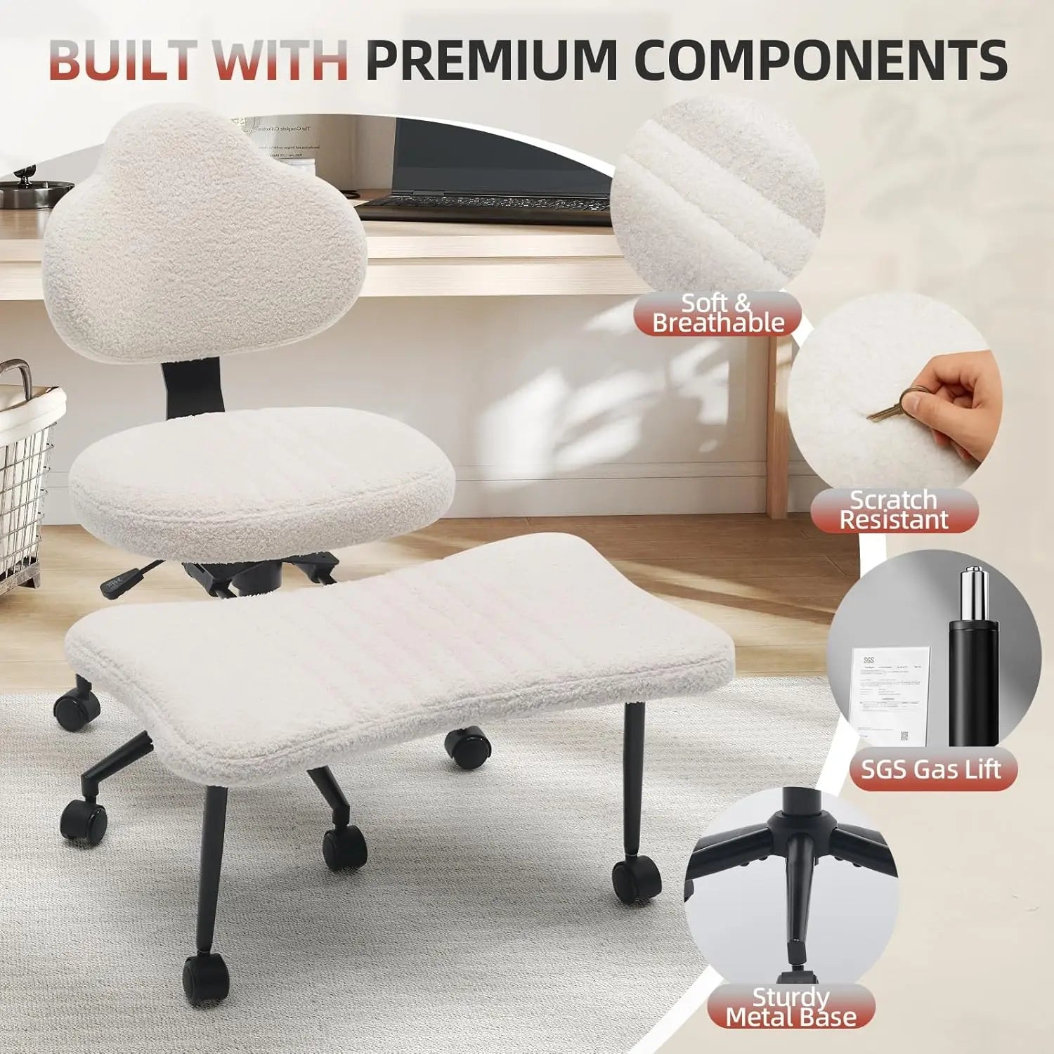White Cross Legged Office Chair Meditation Seat with Lumbar Support for Desk Work, Yoga & Mindfulness Comfortable & Space-Saving