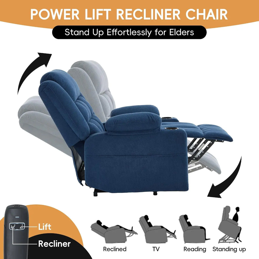 Power Lift Recliner Chair Elderly Massage Heat Fabric Electric Sofa Side Pocket Cup Holders Living Room Navy
