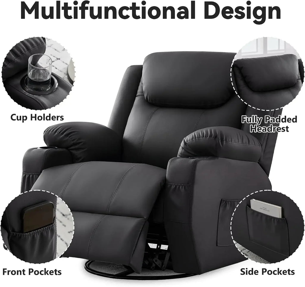 Adult 360 Degree Swivel Rocker Recliner Heated Massage Cup Holders Faux Leather Manual Remote Control Chair