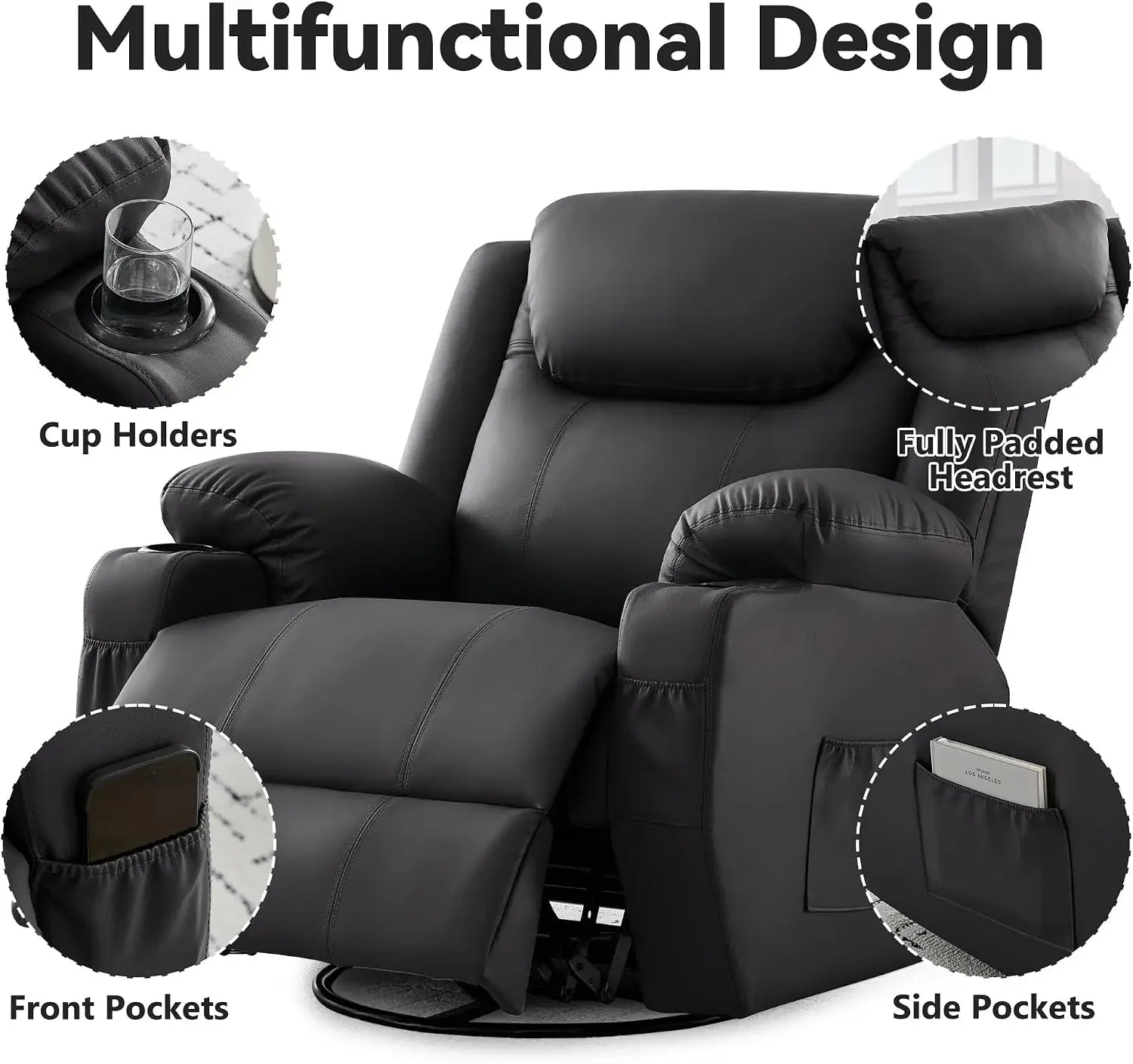 Adult 360 Degree Swivel Rocker Recliner Heated Massage Cup Holders Faux Leather Manual Remote Control Chair