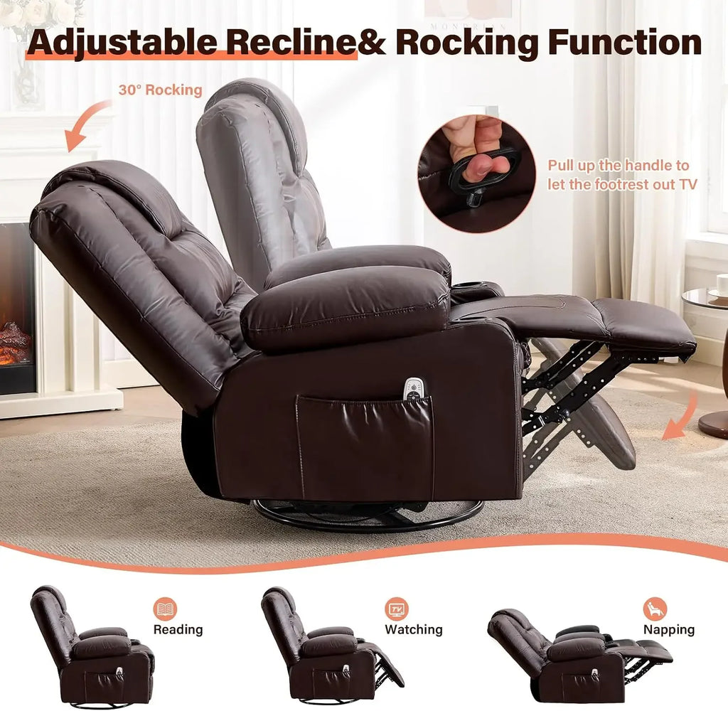 Swivel Rocker Recliner Chair with Vibration Massage and Heat for Living Room,with Rocking Function and Side Pocket, PU Leather U