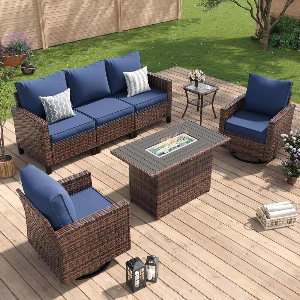 Amopatio Patio Furniture Set with Fire Pit Table, Wicker Outdoor Sectional Sofa with Swivel Rocker Chairs, All-Weather Rattan Co