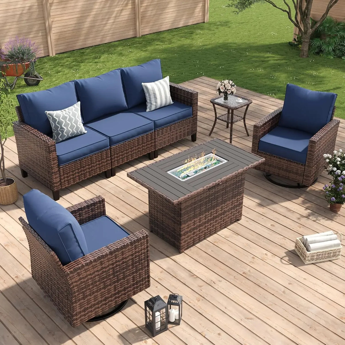 Amopatio Patio Furniture Set with Fire Pit Table, Wicker Outdoor Sectional Sofa with Swivel Rocker Chairs, All-Weather Rattan Co