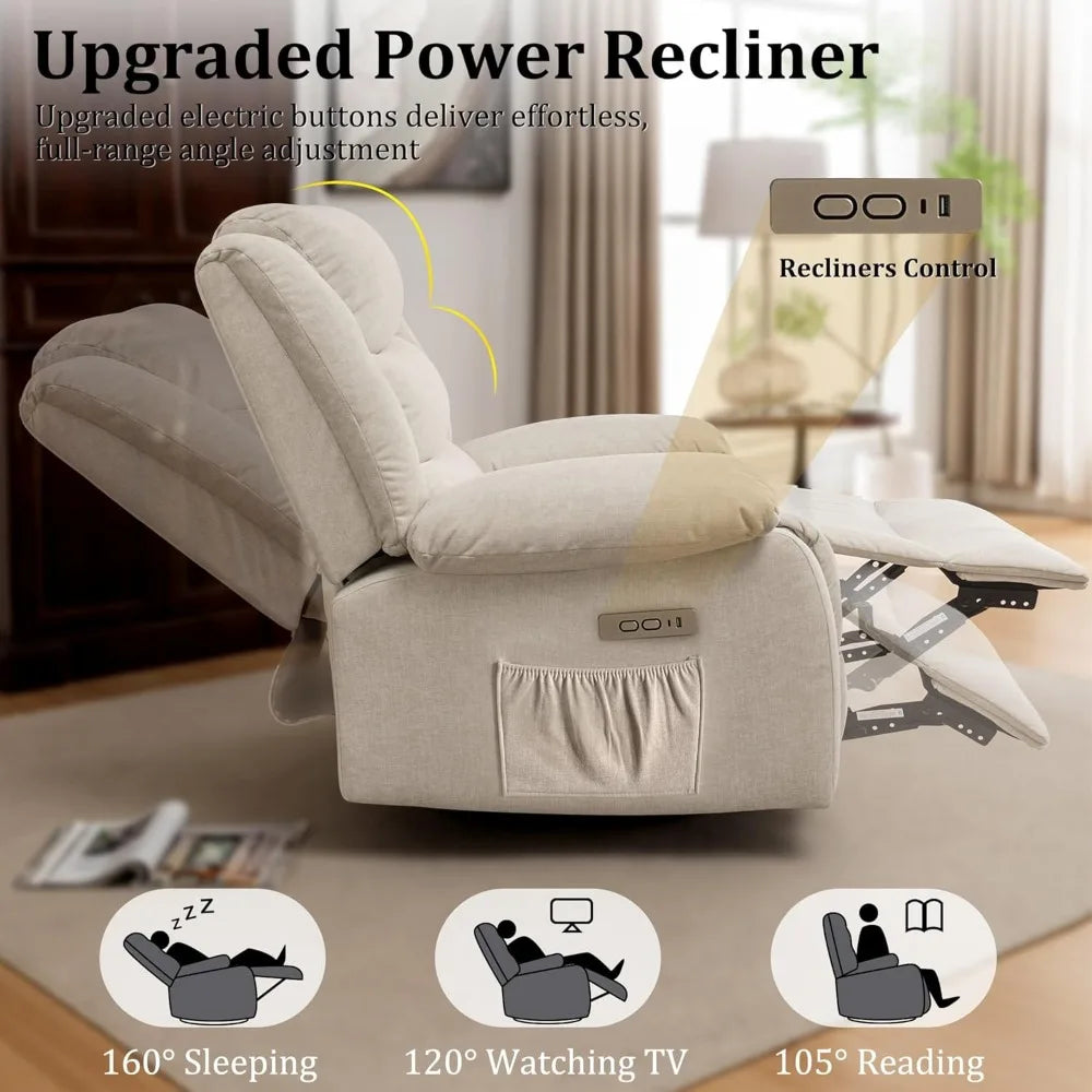 Power Recliner Chair with Massage Heat 270° Swivel USB Port Oversized Wide Seat Beige