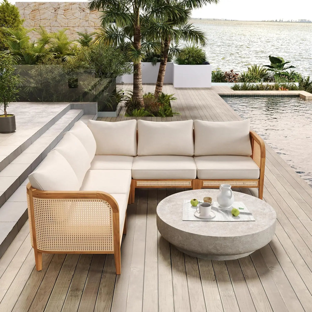 5 Piece Patio Outdoor Furniture Set, All-Weather Rattan Wicker L-Shaped Sectional Sofa w/Cushions, Acacia Wood, Customized