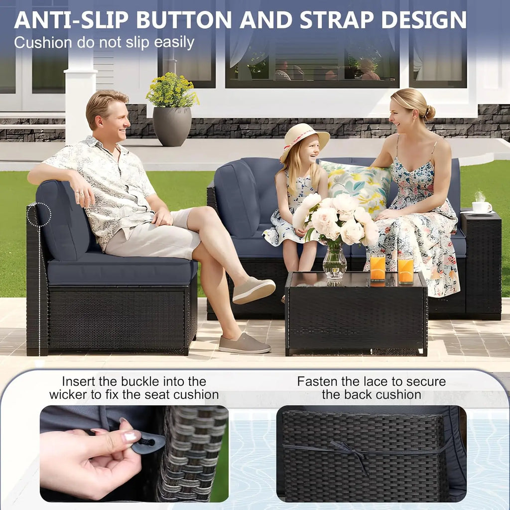 5Pcs Rattan L Shaped Patio Furniture Set,Outdoor Sofa With Waterproof Cushions&Coffee Table For Garden, Custom