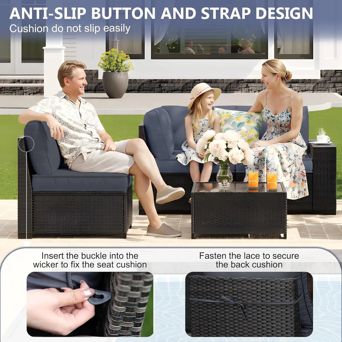 5Pcs Rattan L Shaped Patio Furniture Set,Outdoor Sofa With Waterproof Cushions&Coffee Table For Garden, Custom