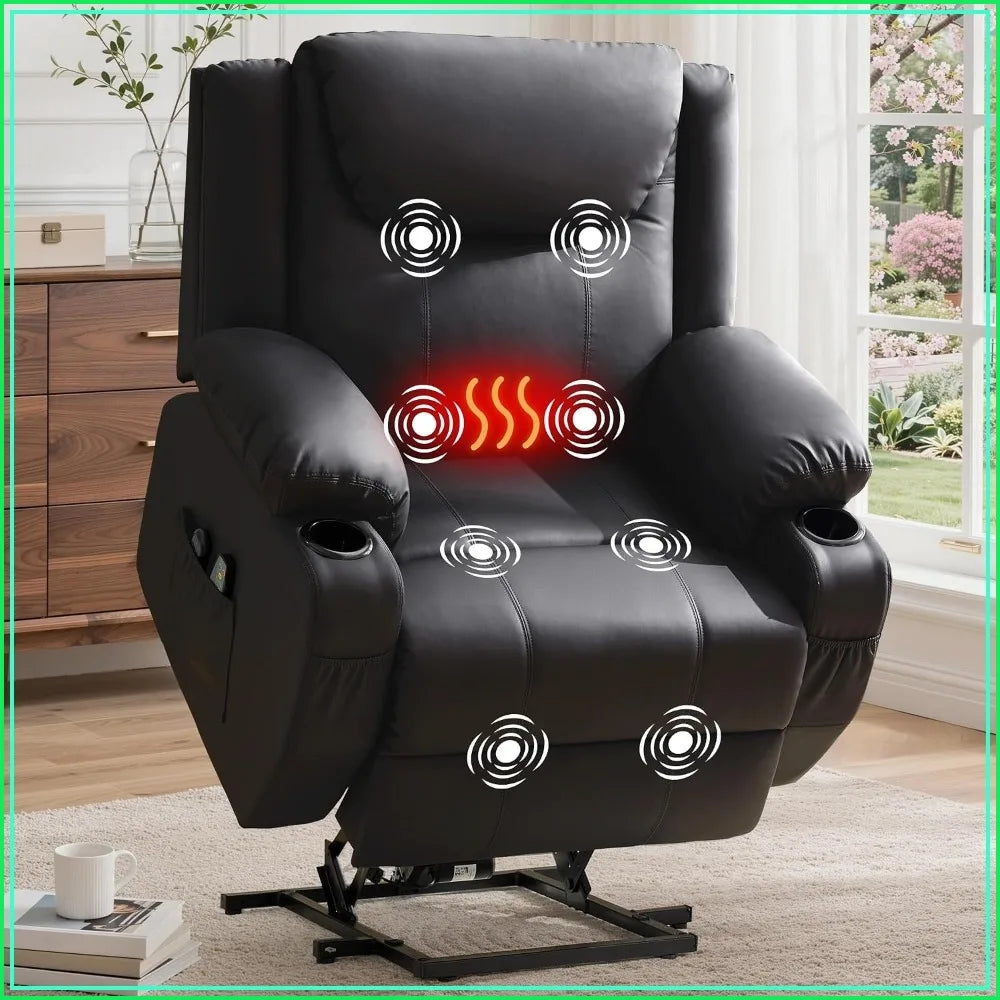 Power Lift Recliner Chair with Massage & Heat for Elderly, 26" Wide Electric Recliner with Cup Holders, Black
