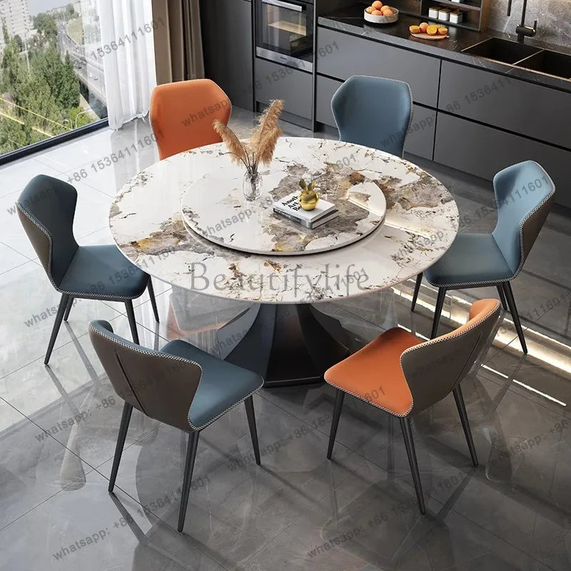 PG Italian minimalist light luxury rock slab bright dining table modern simple round table with turntable high-end dining table