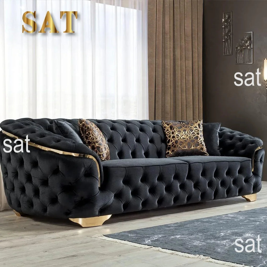 A Light Luxury Living Room Black Velvet 2 Seater Sofa With Gold Leg Upholstered Tufting Loveseat Lounge Sofas Couch Sets