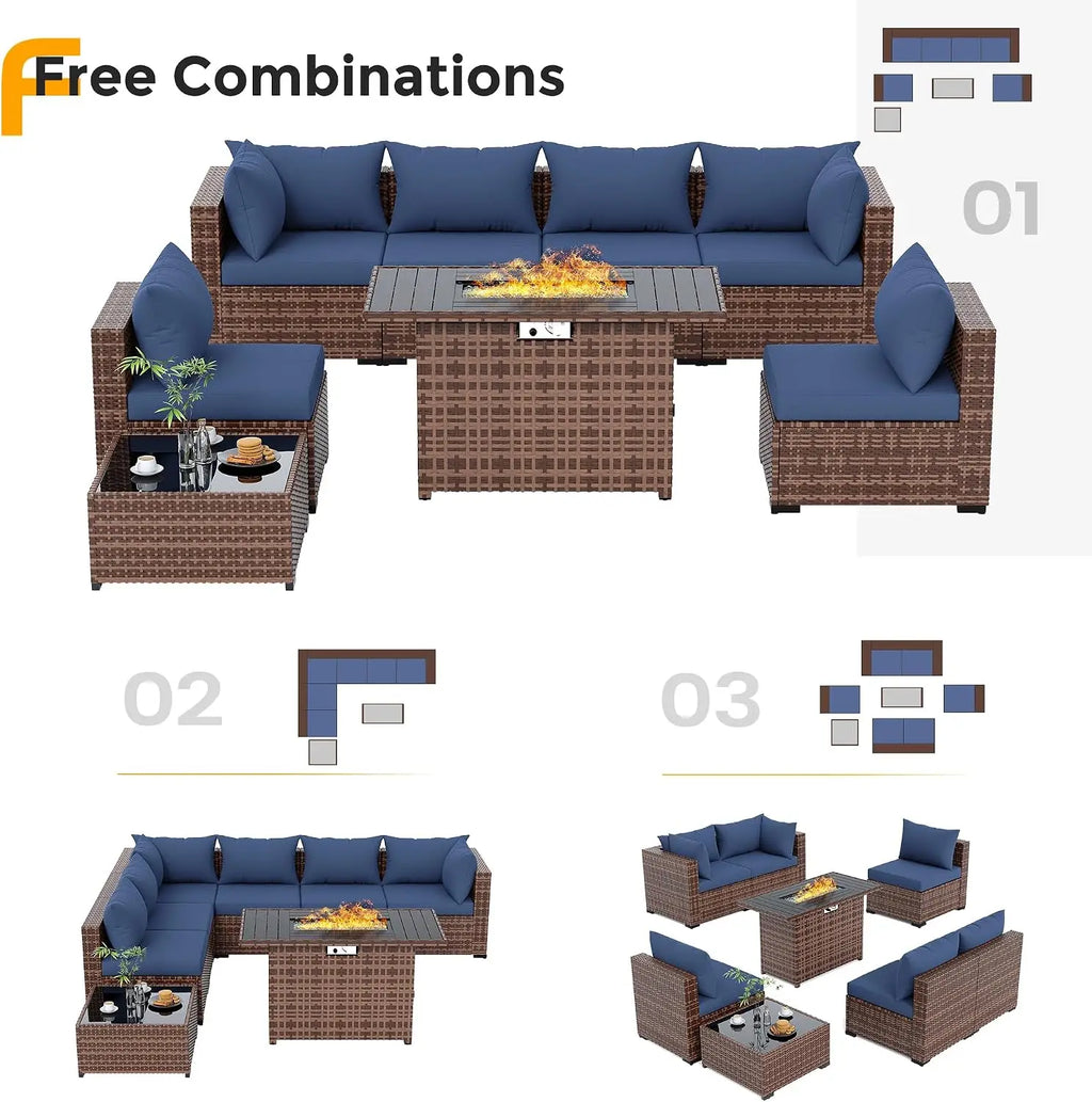 UDPATIO Outdoor Furniture 8-Piece Wicker Patio Set with 44" Fire Pit Table