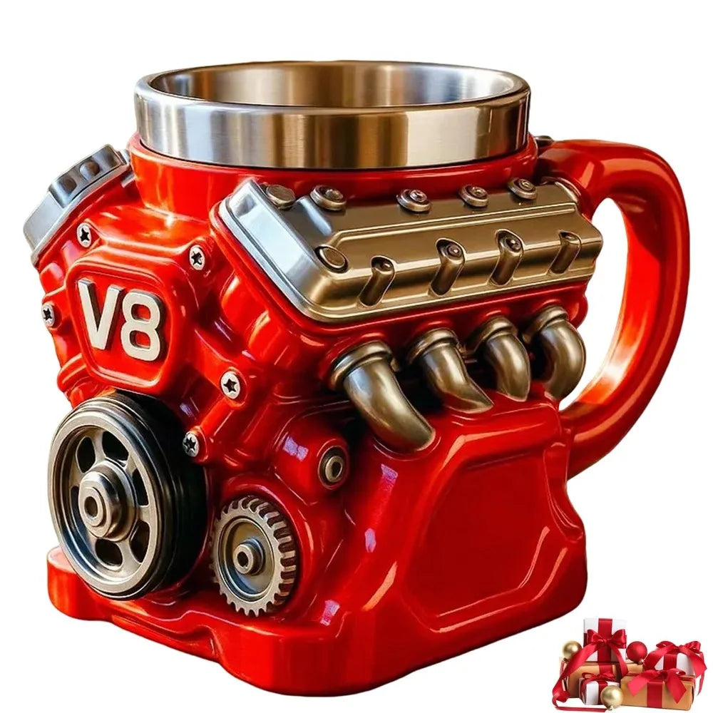 Retro Engine Coffee Mug with Handle 300ML V8 Engines Stainless Steel Cup Double Wall Realistic Design Insulation Car Mug
