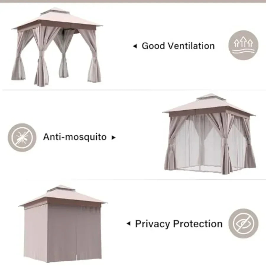 Outdoor Patio Gazebo Heavy Duty Party Tent Shelter with Double Roofs Mosquito Nettings and Privacy Sns for Backyard Events Part