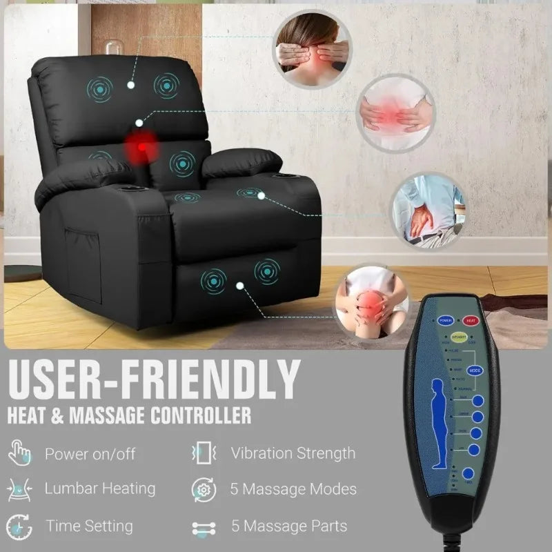 Massage Recliner Chair with Heat & Vibration, 360° Swivel Rocker, Faux Leather, Easy Assembly