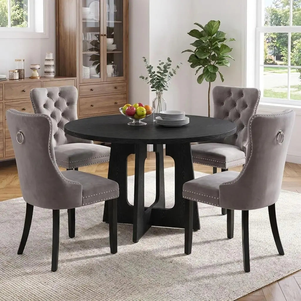47.2" Round Dining Table Set for 4, Mid-Century Modern Kitchen Table with 4 Upholstered Velvet Chairs, Farmhouse, Customized