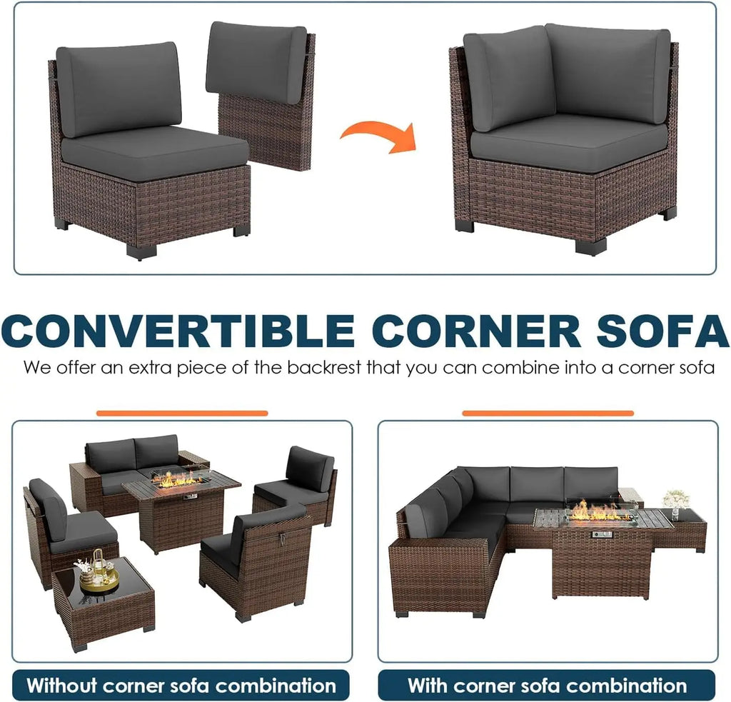 Patio Furniture Set with 44'' Fire Pit Table, 7 Pcs Outdoor Sectional Sofa |  Conversation Sets Brown Wicker Rattan, Customized