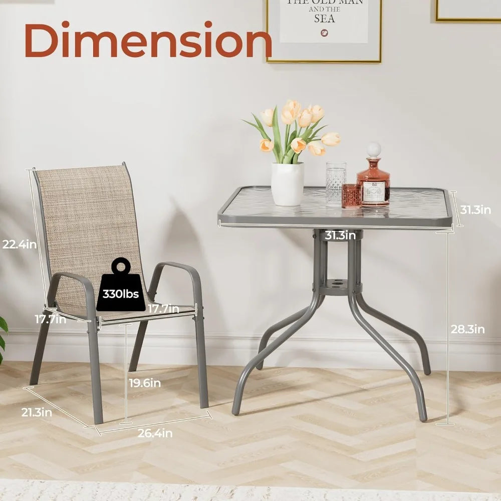 5-Piece Patio Dining Set - Glass Table, Stackable Chairs with Umbrella Hole, Durable for Outdoor Use
