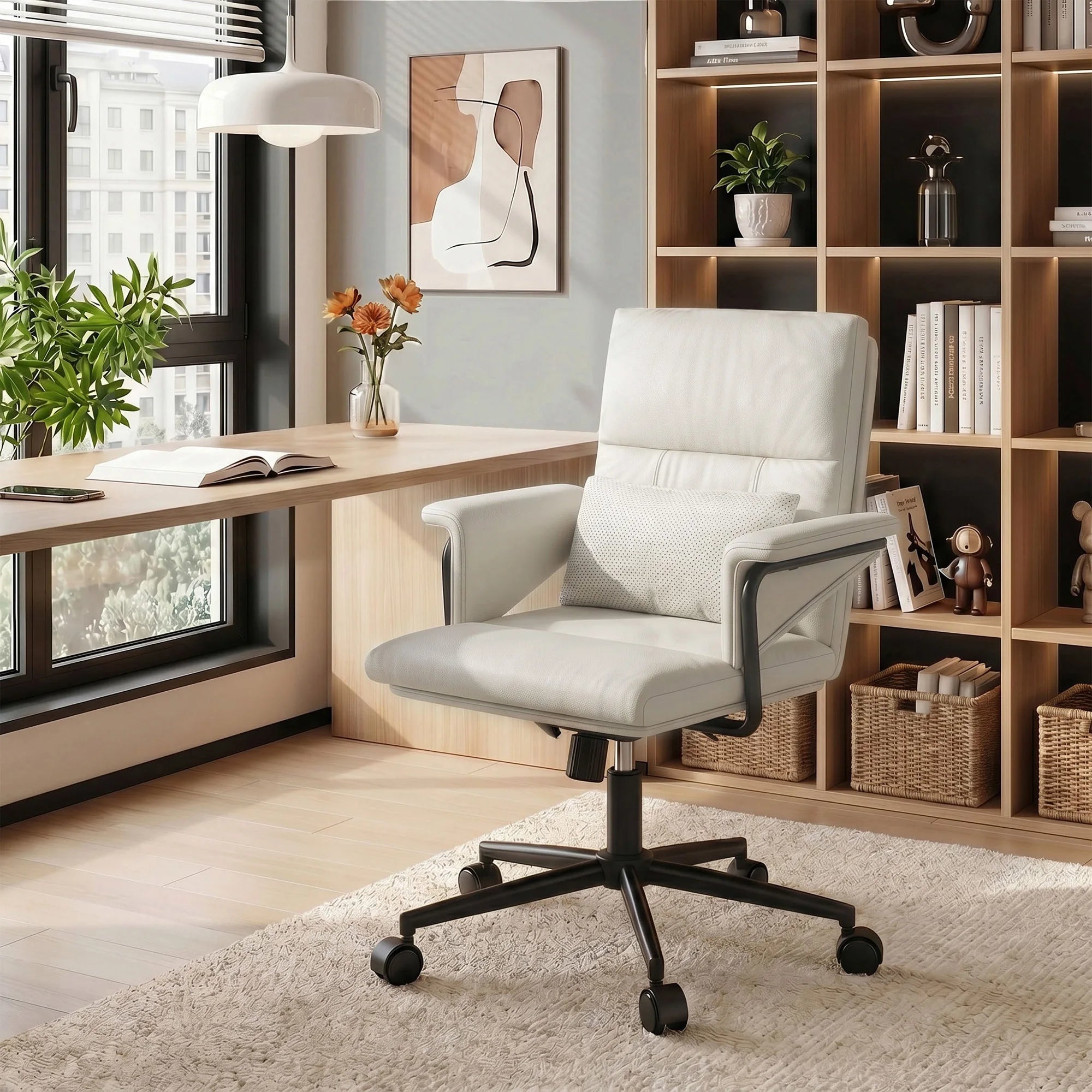 EnHomee Ergonomic Office Chair, Mid Back PU Leather Desk Chair, Adjustable Height Computer Chair with Lumbar Fixed Padded Armrest & Rolling Wheels