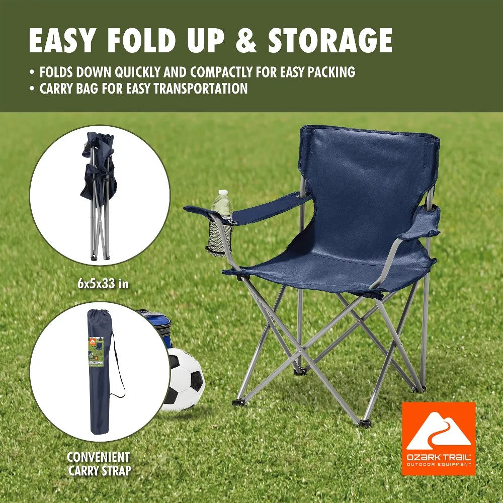 Folding Camping Chair with Cup Holder Quad Portable Outdoor Seat for Beach Fishing Picnic Dark Blue