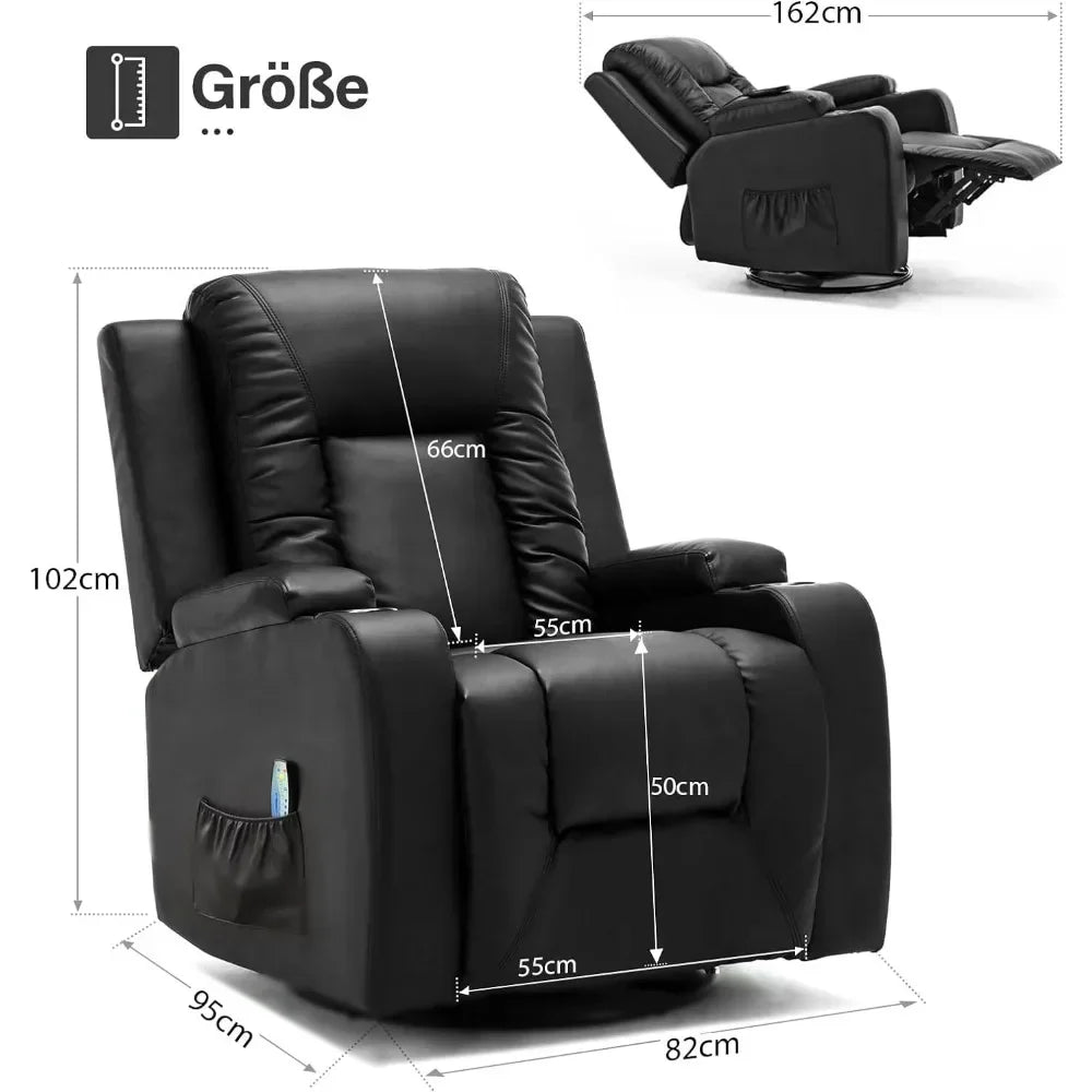 Leather Recliner Chair Modern Rocker with Heated Massage Ergonomic Lounge 360 Degree Swivel Single Sofa Seat with Drink Holders
