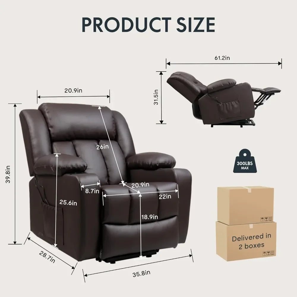 Electric Lift Recliner Chair with Massage & Heat for Elderly, PU Leather Sofa Cup Holders