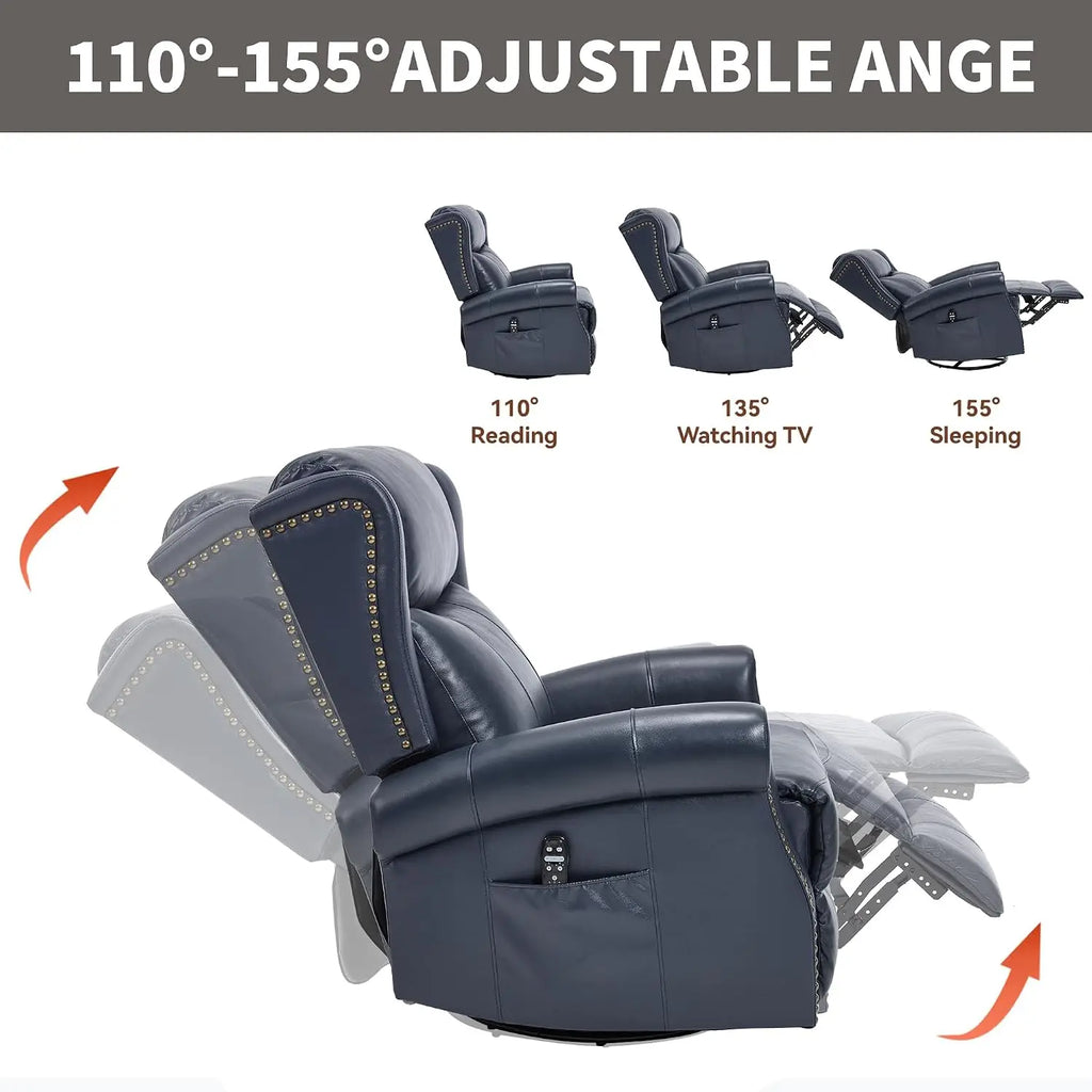 Genuine Leather Manual Recliner Chair with Swivel Rocker Massage Heat Nursery Small Space Blue, Customized