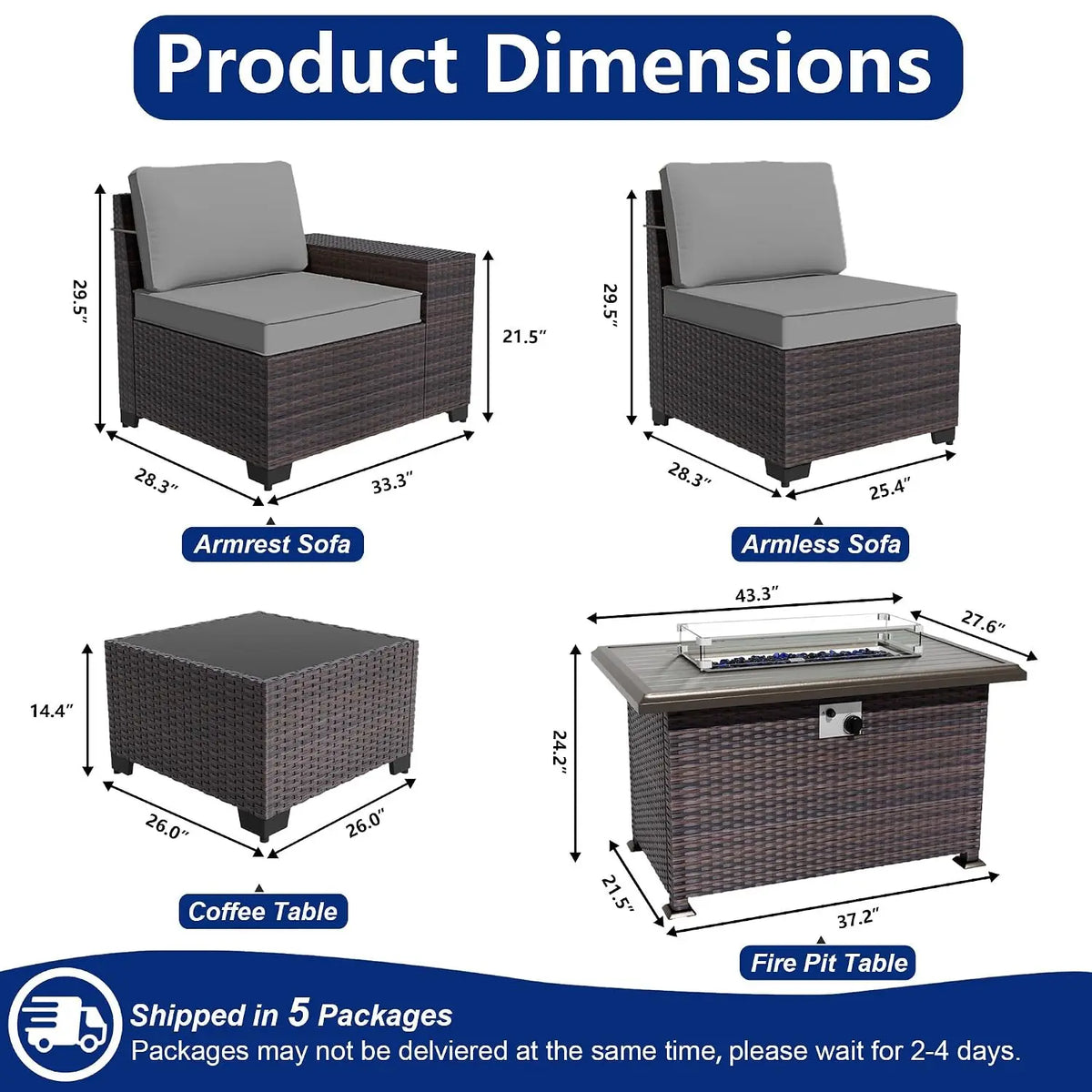 Outdoor Sectional Sofa Set w/Gas Fire Pit, 7 Pieces PE Wicker Patio Furniture, 43in Propane Table, Grey, Customized