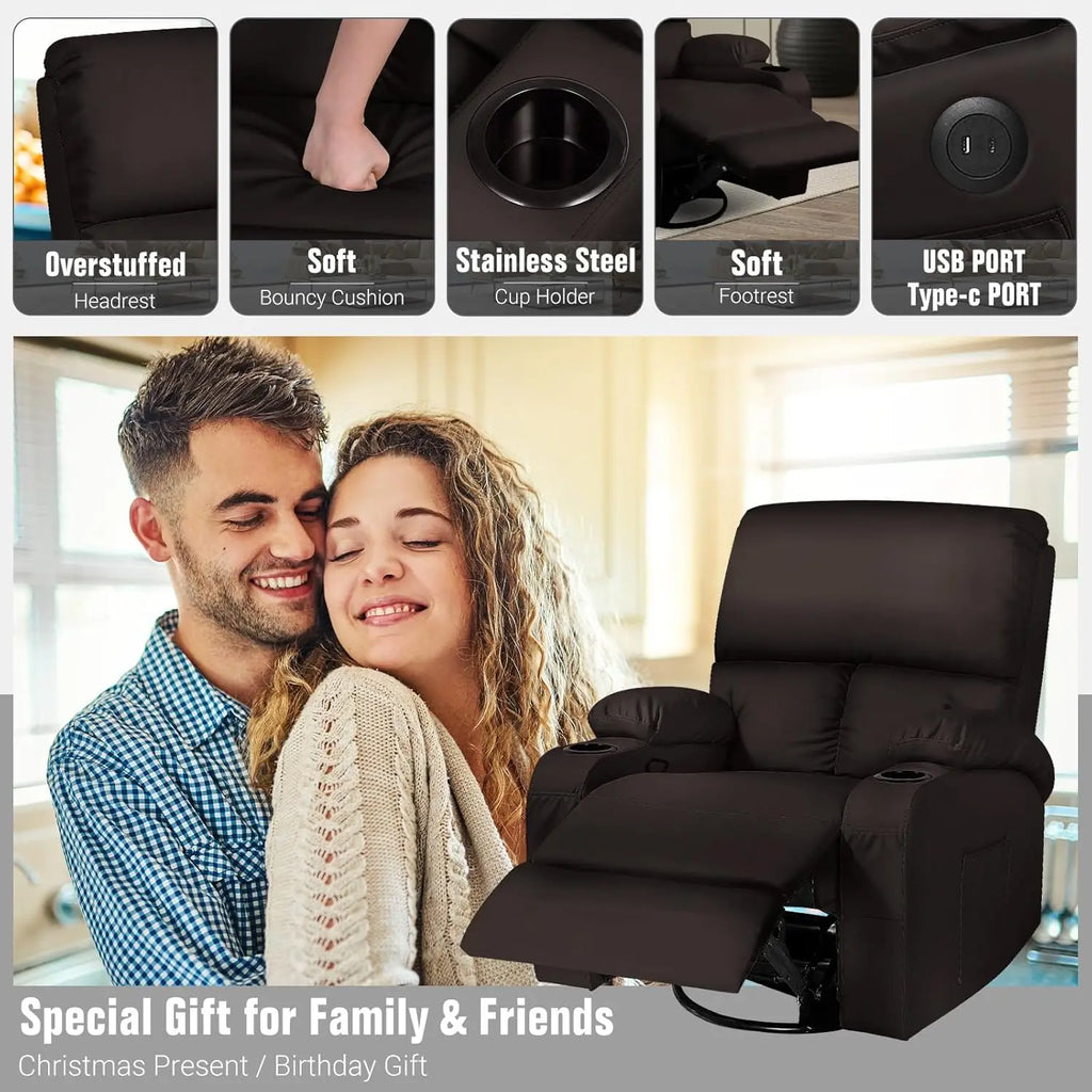 Massage Rocker Recliner Chair with Vibration And Heat USB & Type-C Ports 360° Customizable Rocking Recliner Chair