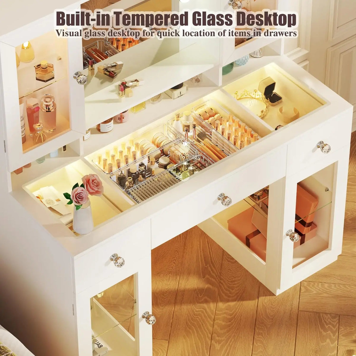 Vanity Desk with Mirror and RGB Lights, 43' Large Makeup Vanity with Glass Top, 4 Large Glass Cabinets, Power Outlet & 3 Drawers