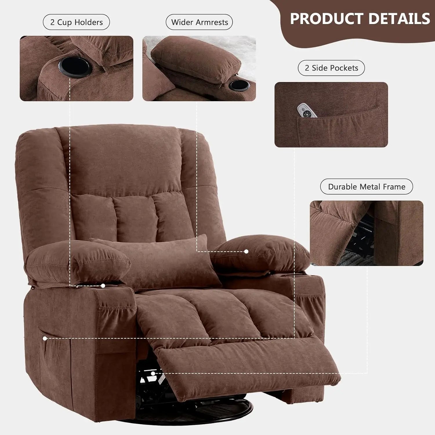 Swivel Rocker Recliner with Massage & Heat, Ergonomic Lounge Chair for Living Room with Pocket, 2 Cup Holders, USB, Customized
