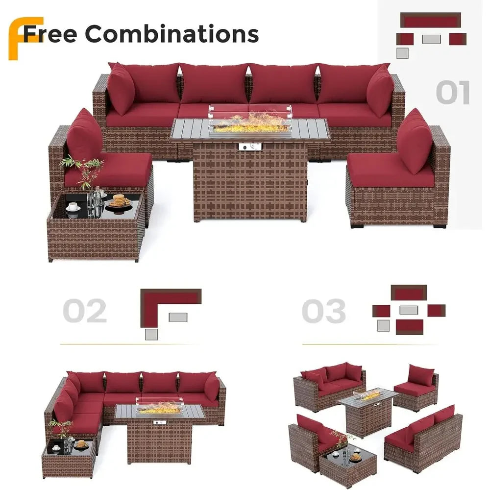 Outdoor Patio urniture Set with ire Pit Table, 8 Piece Outdoor Sectional Soas, All-Weather Wicker Patio Contion Set or Garden, B
