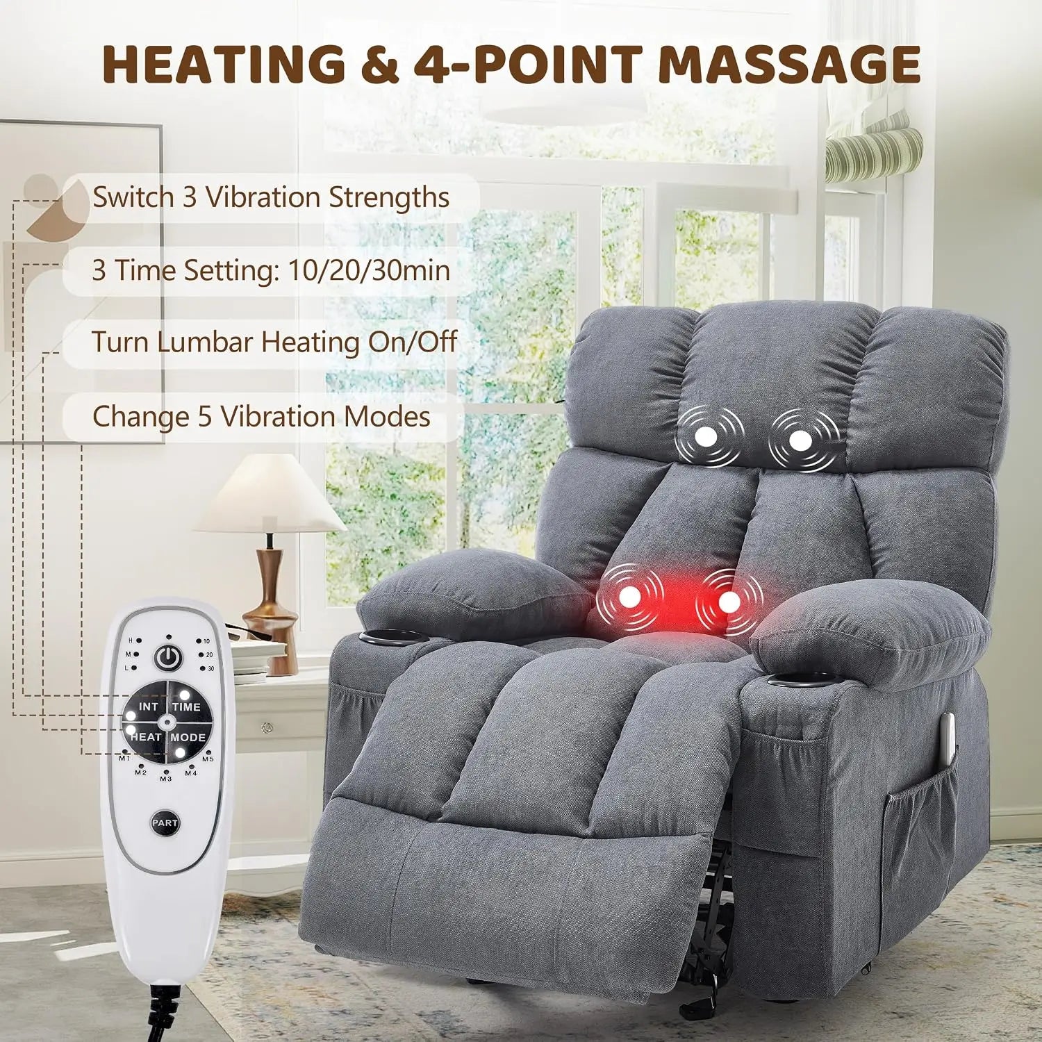 Massage Rocking Recliner with Vibration & Heat, Nursery Lounge Chair with 4 Pockets, 2 Cup Holders & USB Port, Grey, Custom