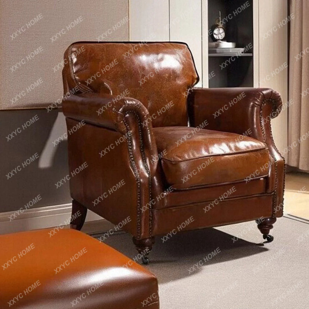 SS Medieval classic leather single sofa oil wax leather cigar chair living room cigar bar  retro sofa chair