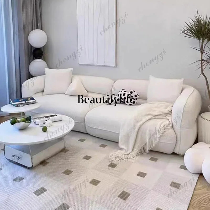 New arrive Nordic cream fabric sofa curved living room small apartment minimalist lamb wool three-person straight sofa