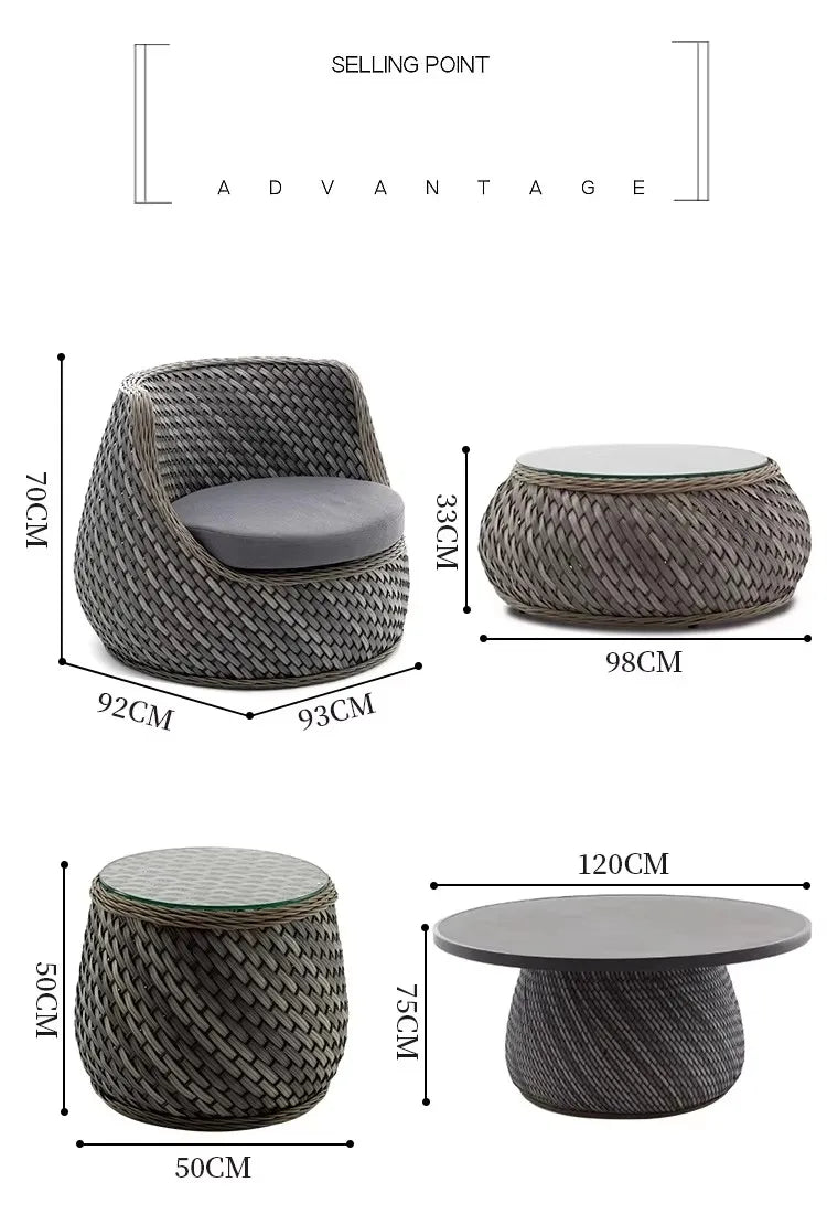 A complete set of outdoor waterproof rattan chair sofas suitable for villa courtyard garden balcony
